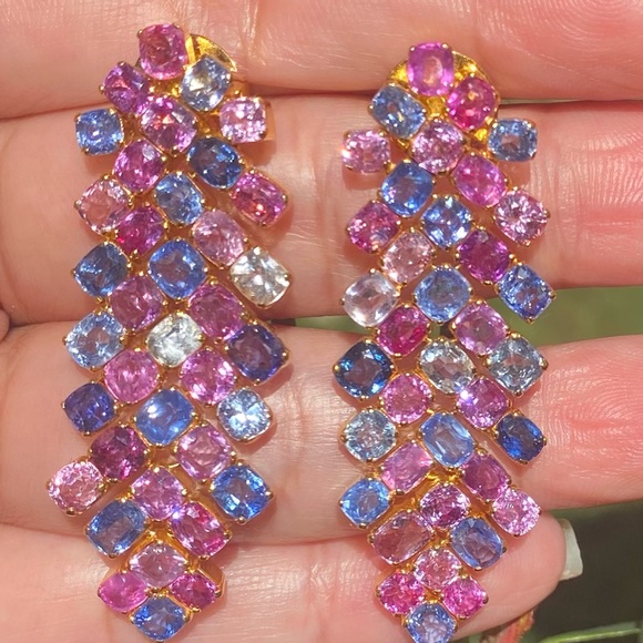 New Natural Colorful Sapphire Dangle Earrings in 18K Solid Gold ⭐️Heavy⭐️ - Picture 6 of 8